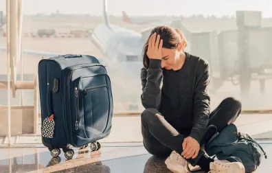vrouw zit bij koffer op vliegveld